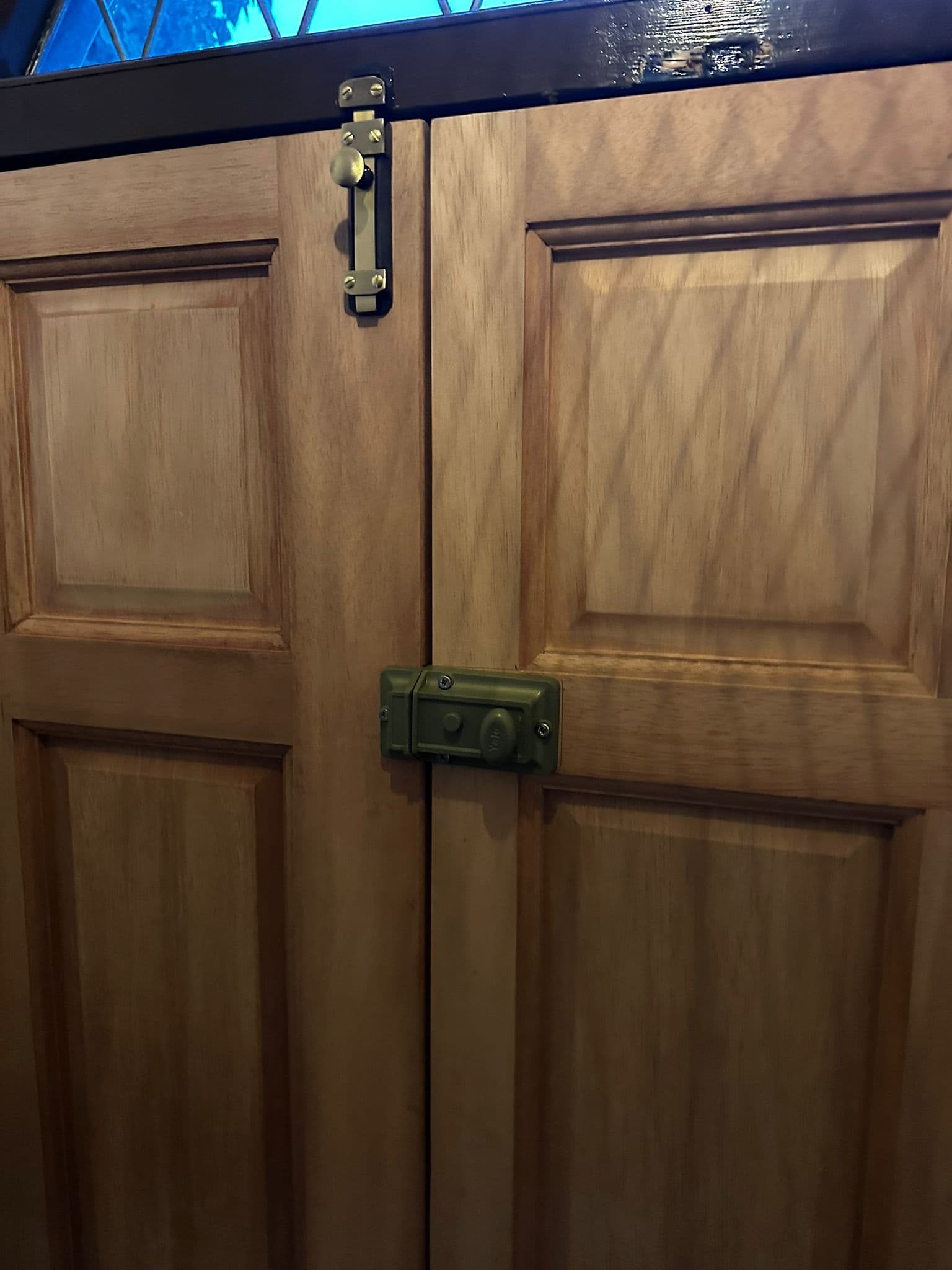 Interior wooden double door with brass bolt and rim lock hardware