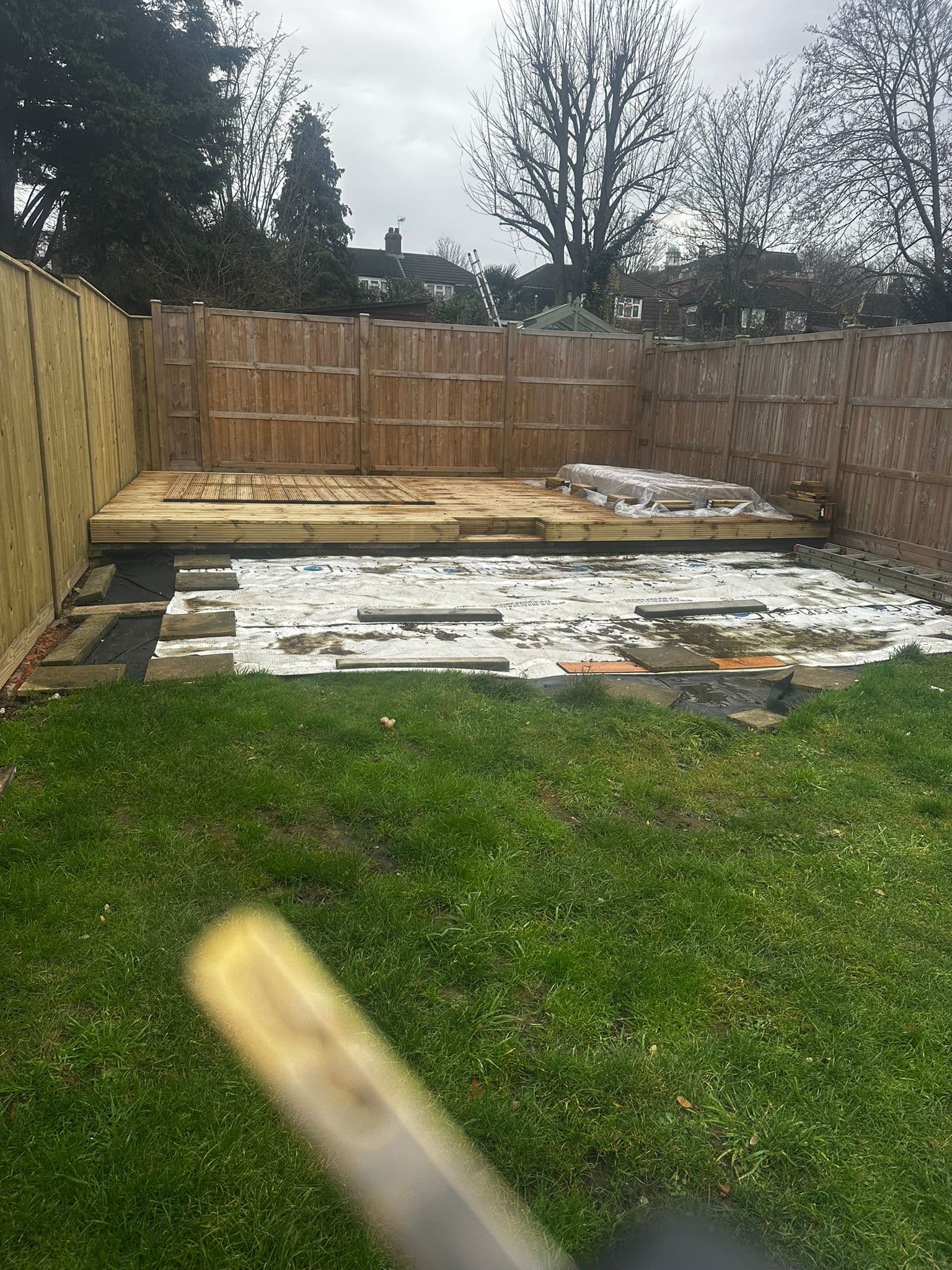 Decking groundwork and timber frame preparation in back garden