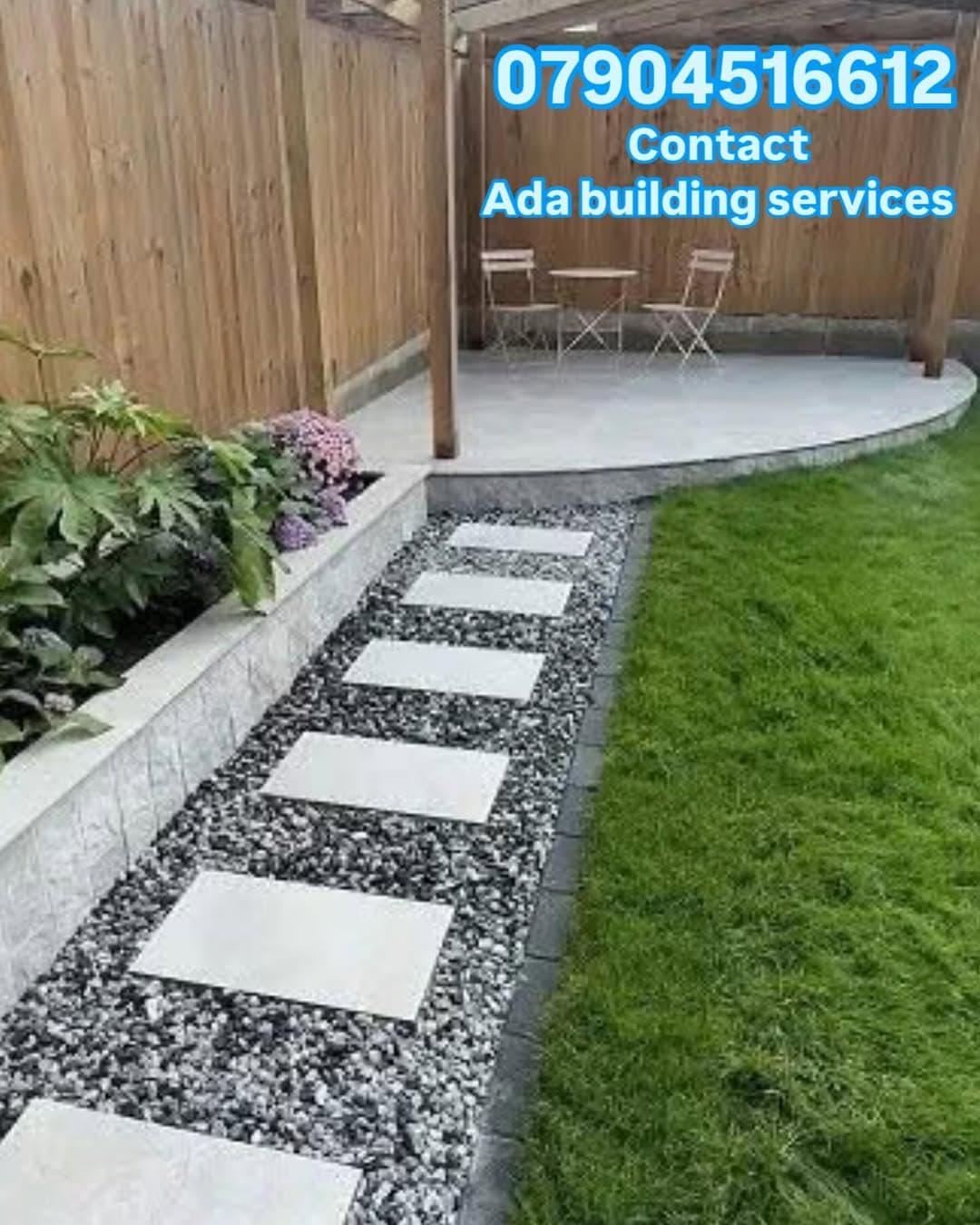 Completed garden transformation with curved patio and landscaping