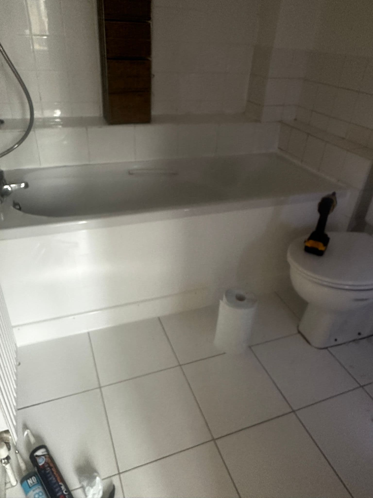 Bathroom renovation with bathtub, toilet and wall tiling in progress